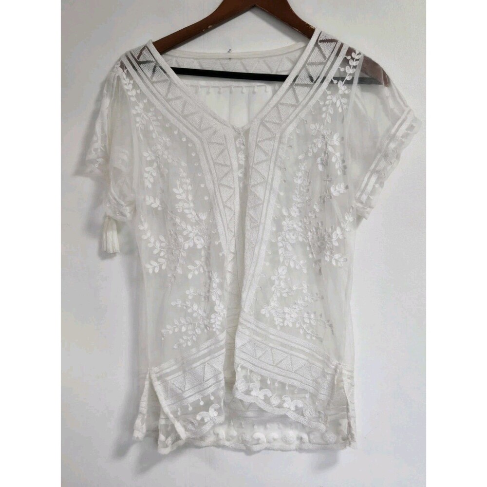 Womens Blouse Sz L Top White Sheer Coastal Summer‎ Boho Festival Beach Coquette